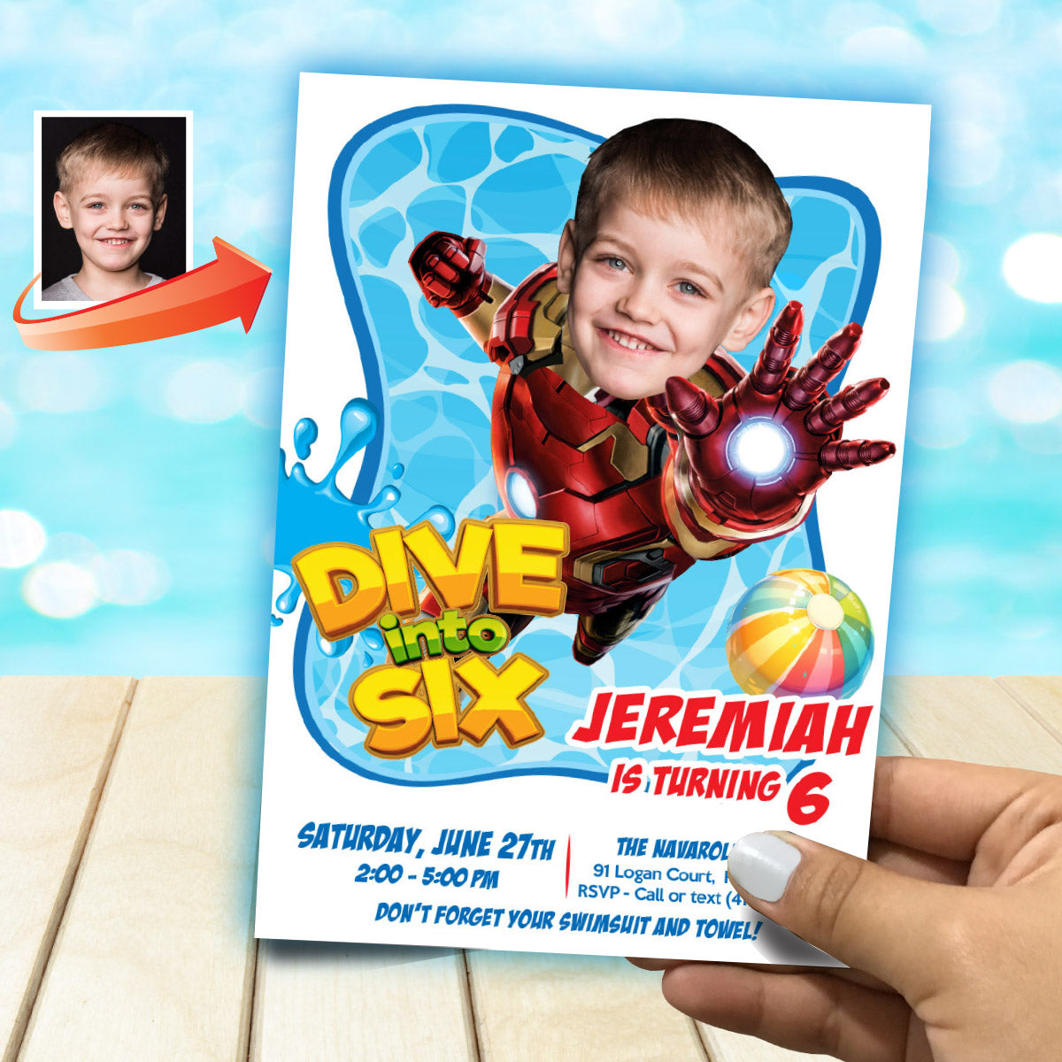 Custom Pool Party Dive into Age Invitation with birthday kid as Ironman. 709BIN