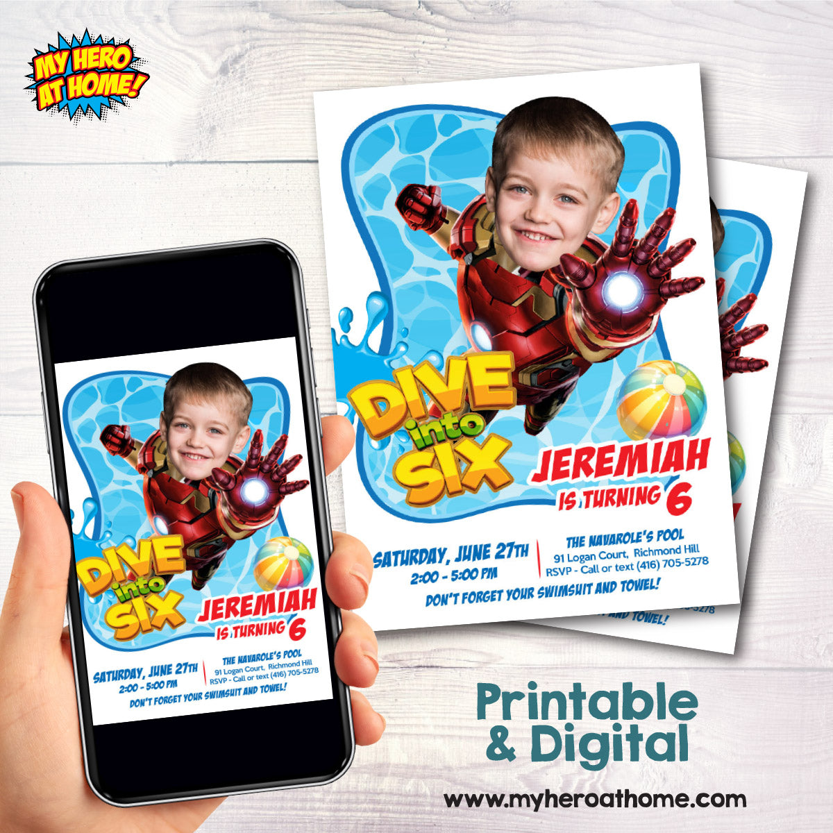 Custom Pool Party Dive into Age Invitation with birthday kid as Ironman. 709BIN