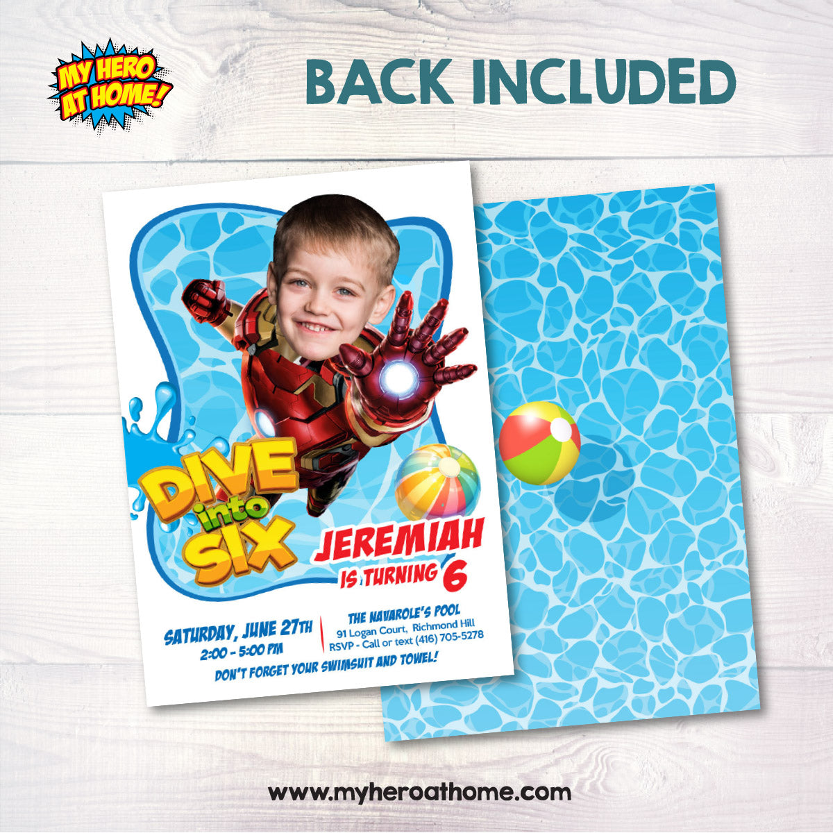 Custom Pool Party Dive into Age Invitation with birthday kid as Ironman. 709BIN