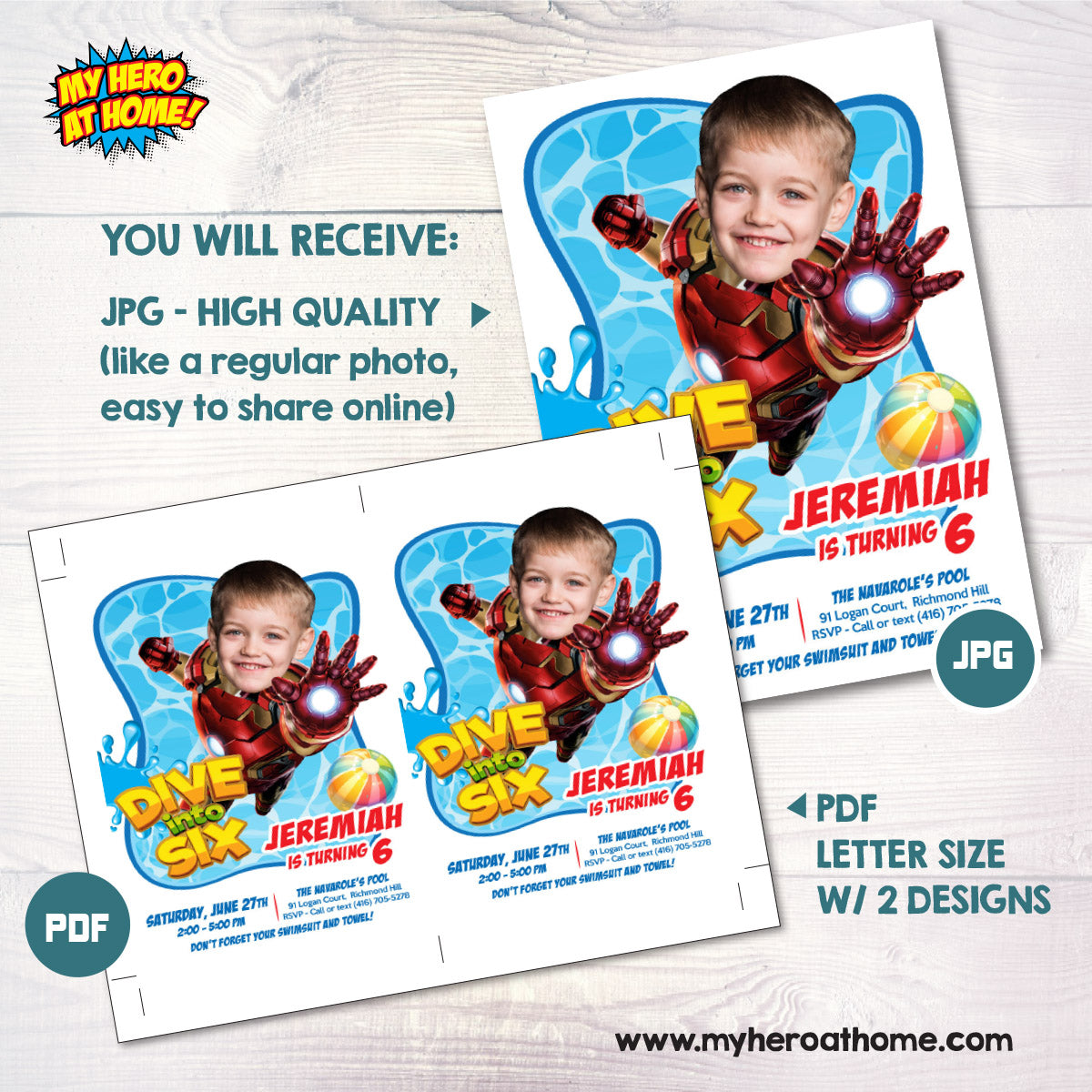 Custom Pool Party Dive into Age Invitation with birthday kid as Ironman. 709BIN