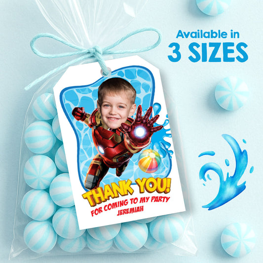 Ironman Splash Pool Party Thank You Favors Tags with photo (3 sizes). 709BTY