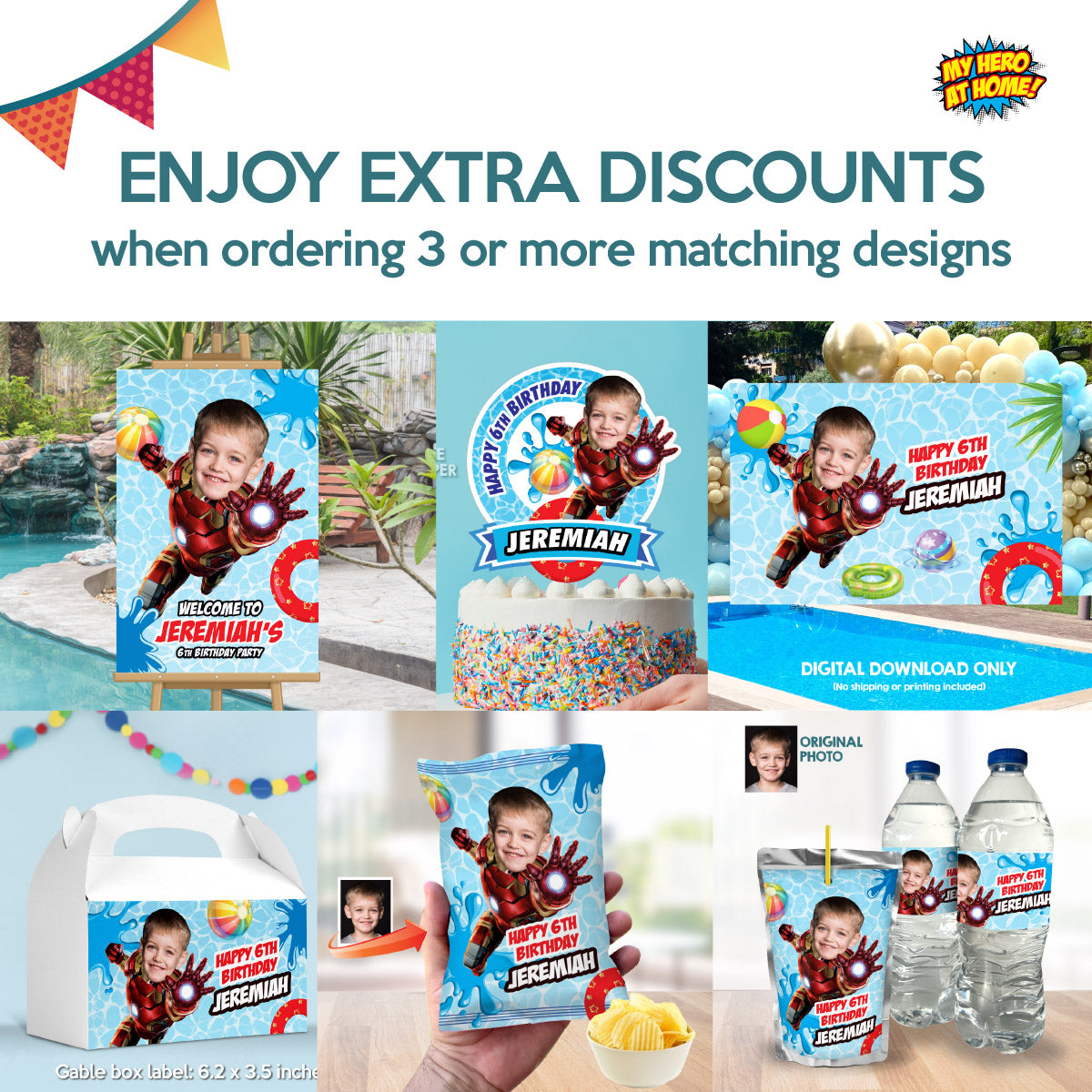 Ironman Pool Party Horizontal Banner customized with your kid as Ironman (6x2', Landscape). 709BBH