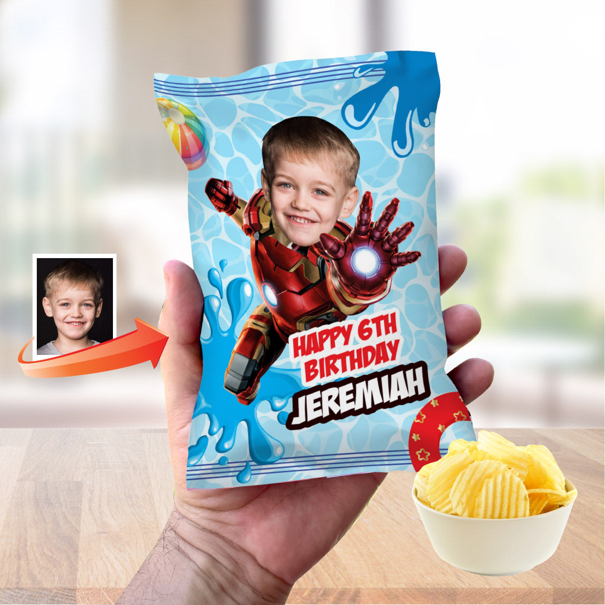 Ironman Pool Party Chip Bags with photo, Iron Man Splash Party Snacks wrappers. 709CB