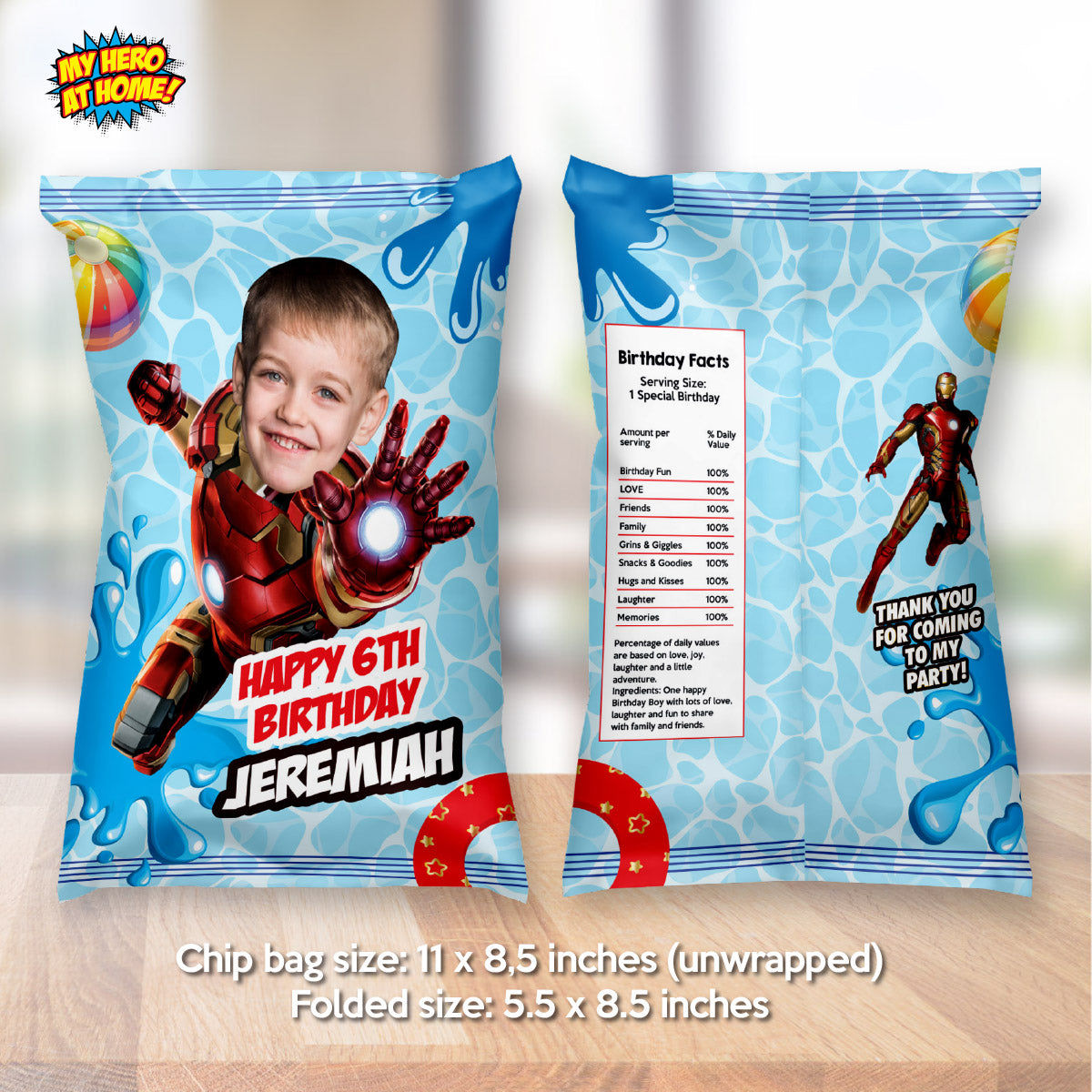 Ironman Pool Party Chip Bags with photo, Iron Man Splash Party Snacks wrappers. 709CB