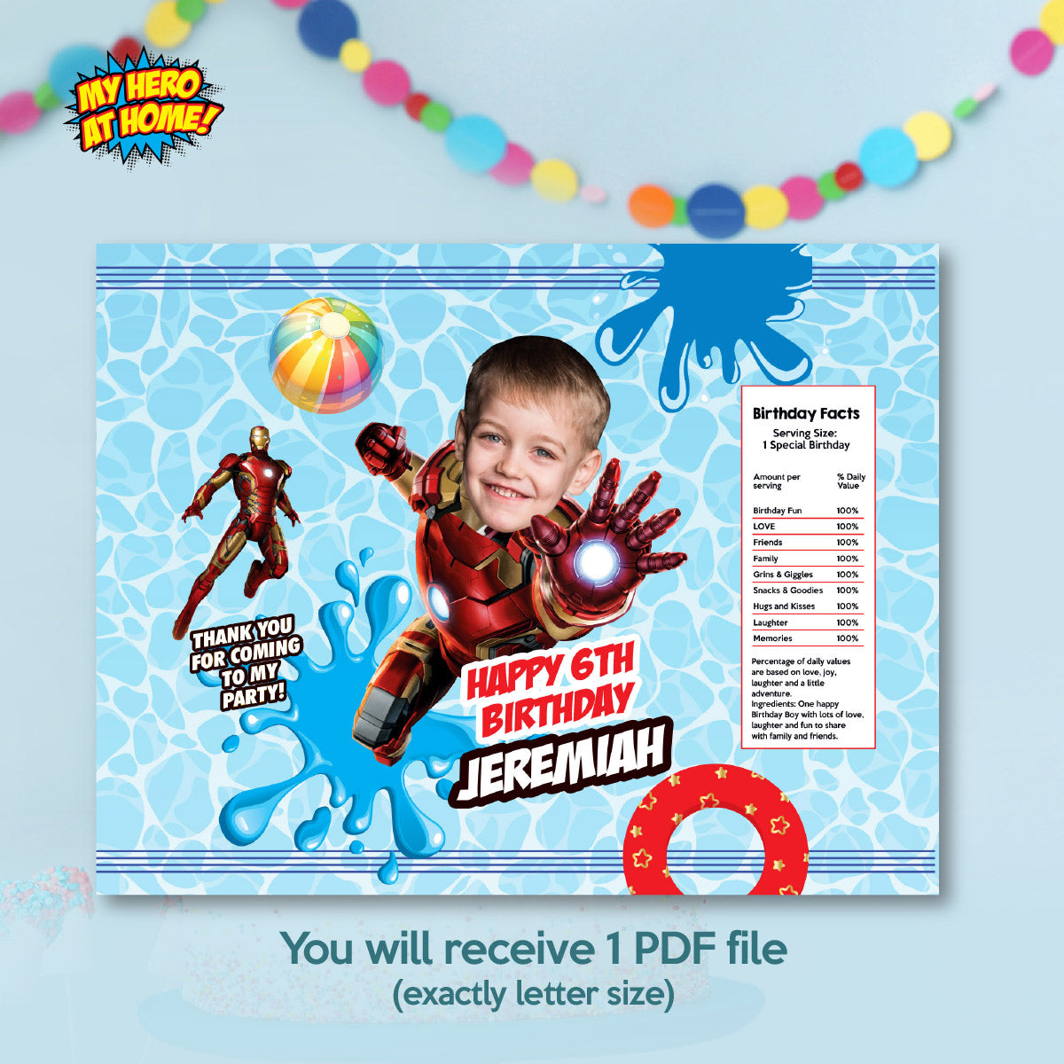 Ironman Pool Party Chip Bags with photo, Iron Man Splash Party Snacks wrappers. 709CB