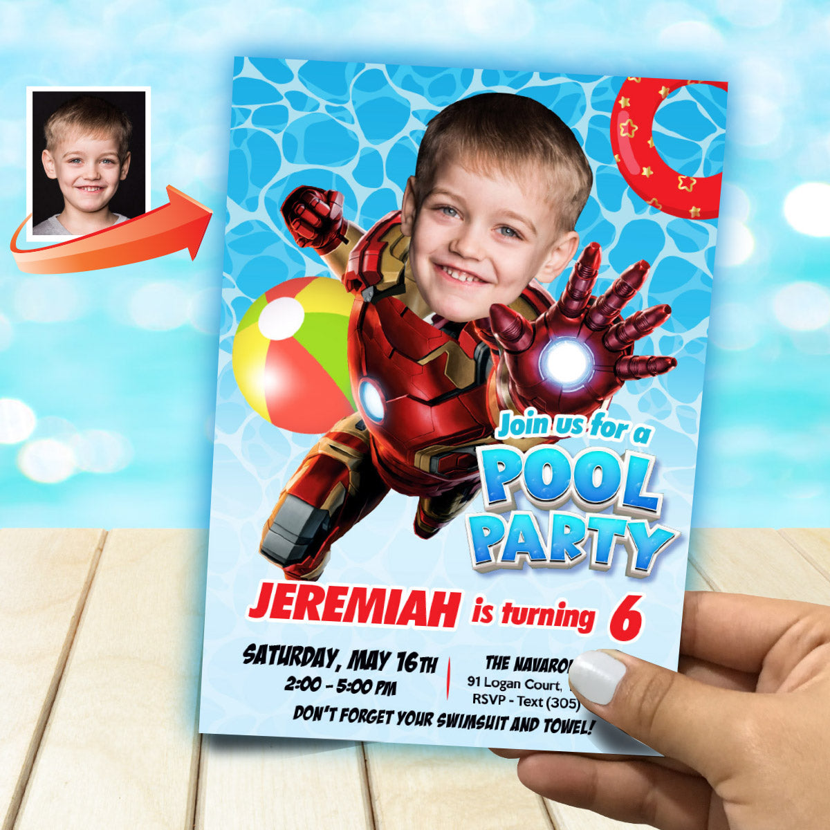 Ironman Pool Party Birthday template with kid as the star (Digital, Printable). 709CIN