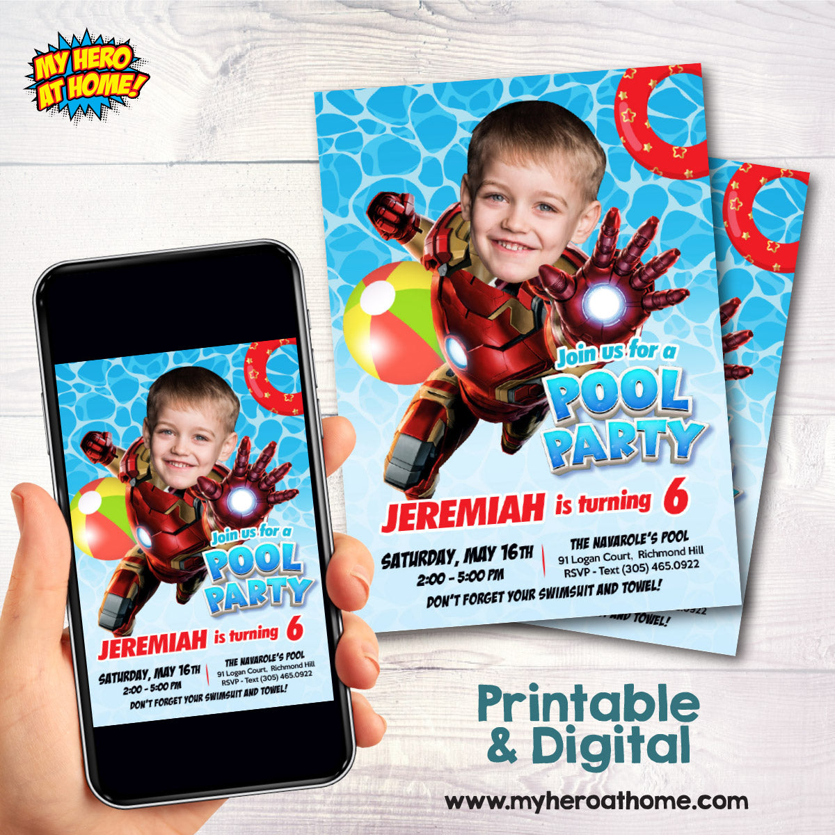 Ironman Pool Party Birthday template with kid as the star (Digital, Printable). 709CIN