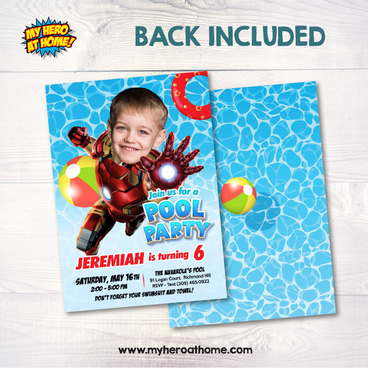Ironman Pool Party Birthday template with kid as the star (Digital, Printable). 709CIN
