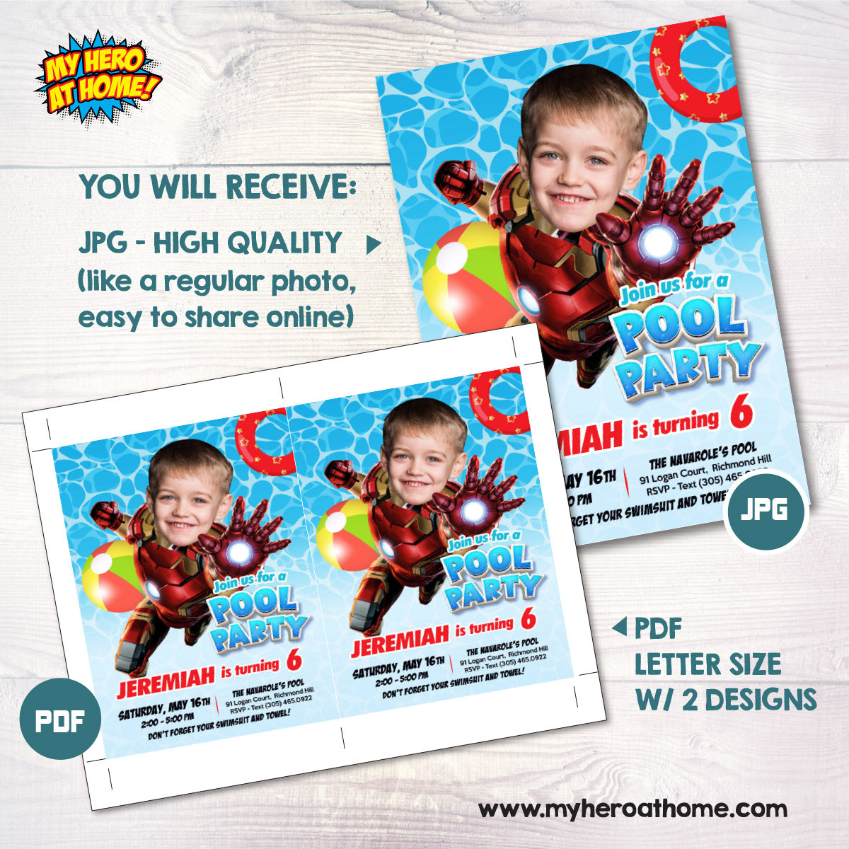 Ironman Pool Party Birthday template with kid as the star (Digital, Printable). 709CIN