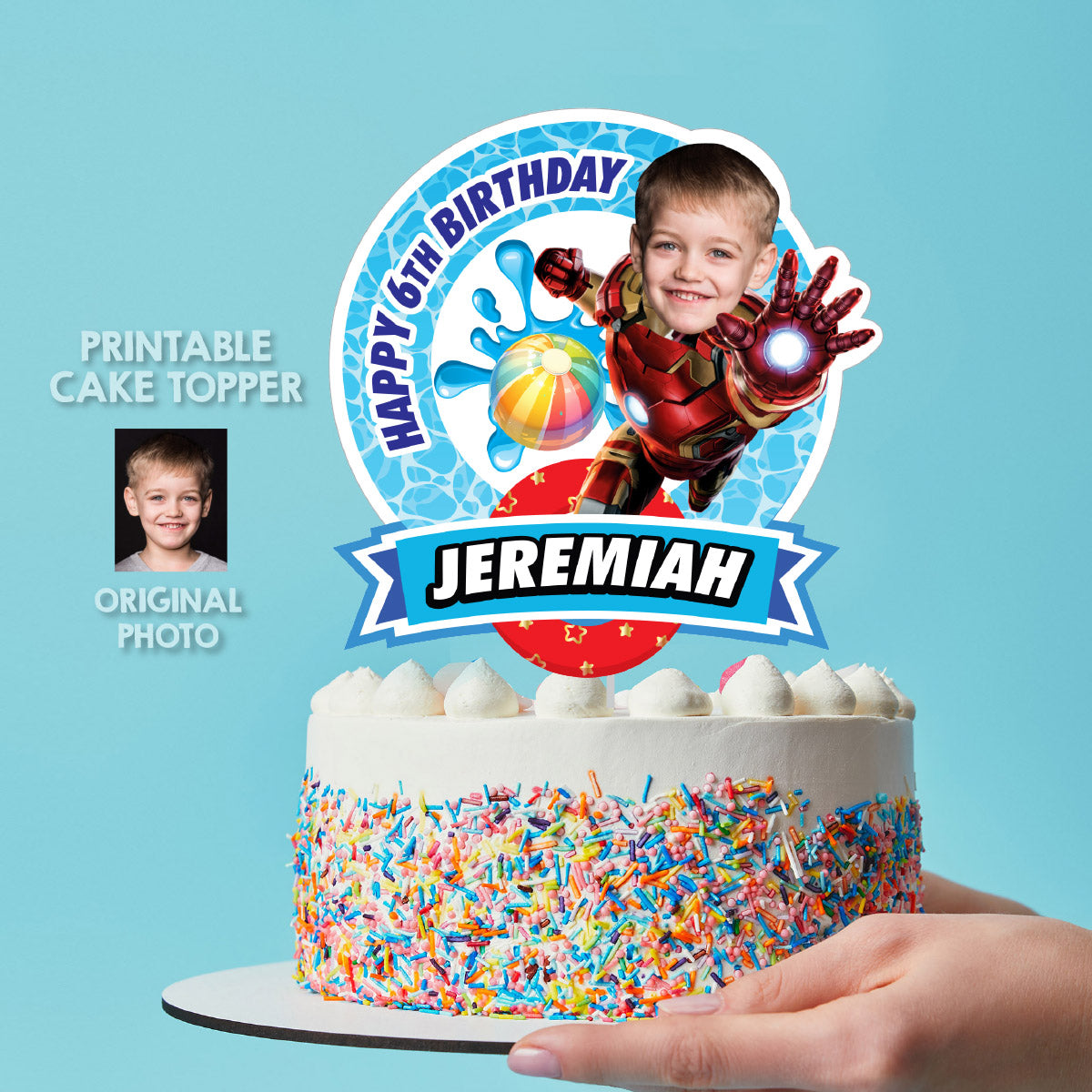 Ironman Pool Party Cake topper with Photo, Avengrs splash birthday cake. 709CT1