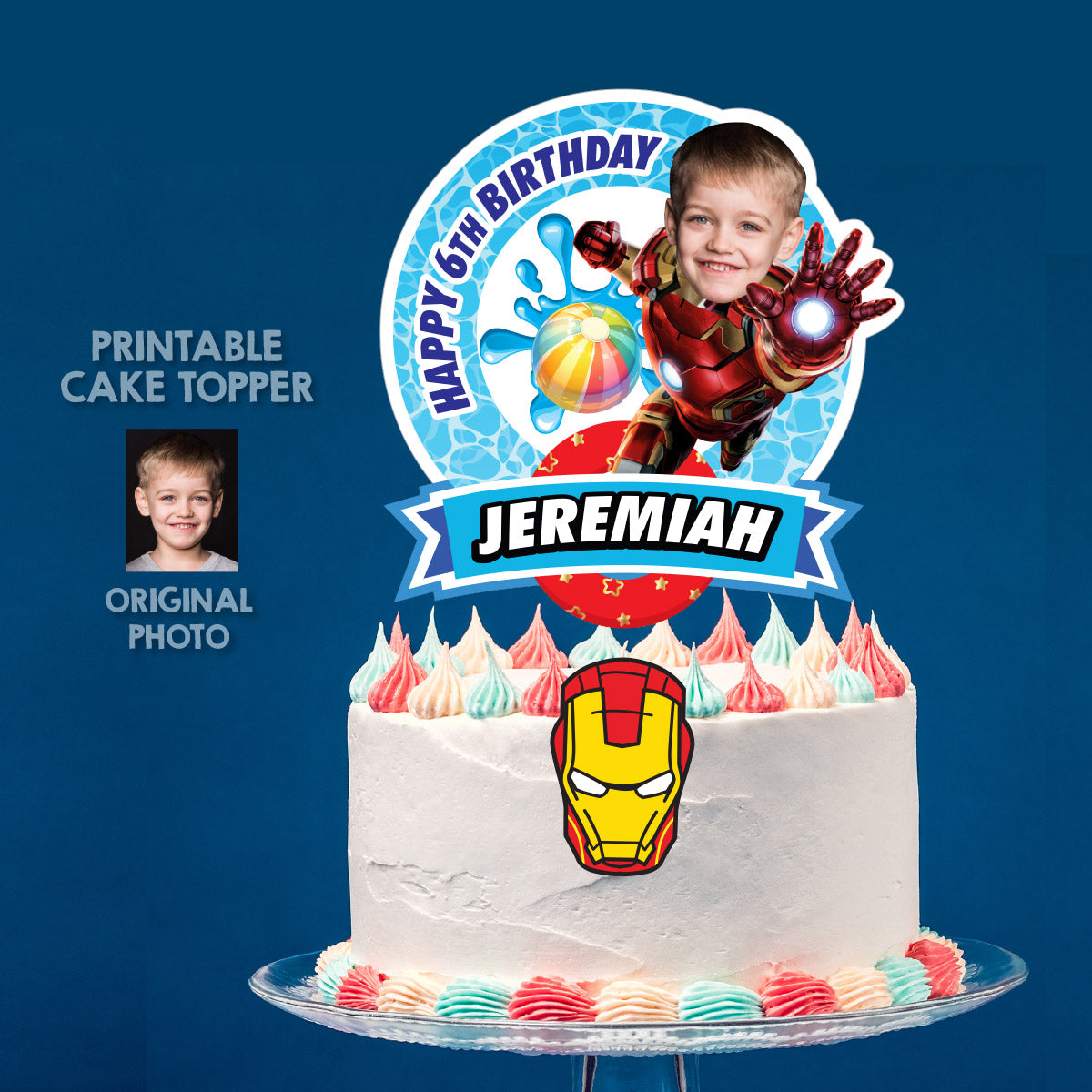 Ironman Pool Party Cake topper with Photo, Avengrs splash birthday cake. 709CT1