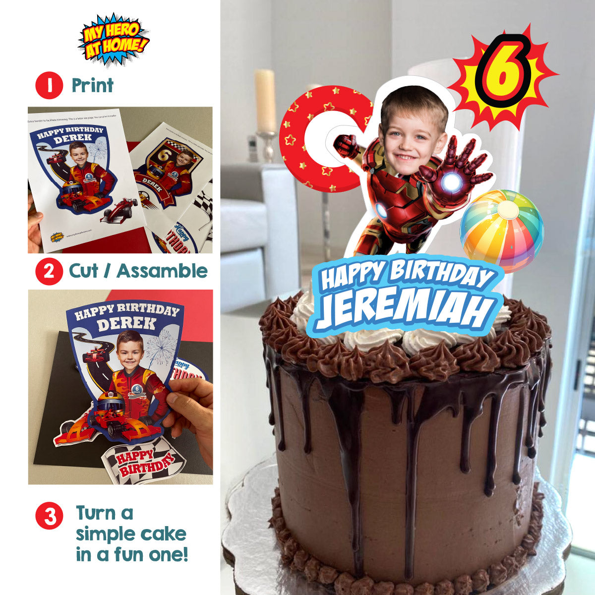 Ironman Pool Party Cake topper with Photo, Avengrs splash birthday cake. 709CT1