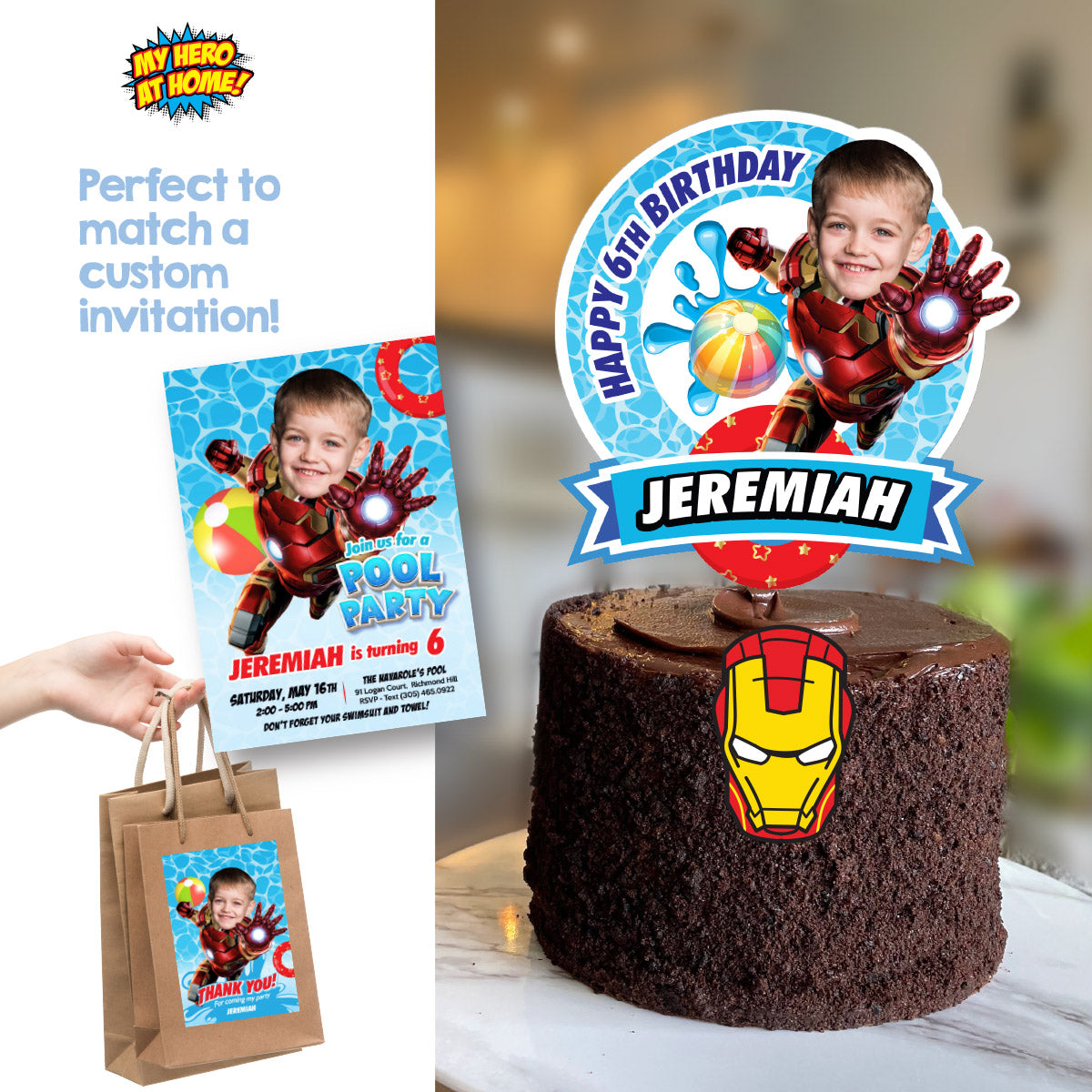 Ironman Pool Party Cake topper with Photo, Avengrs splash birthday cake. 709CT1
