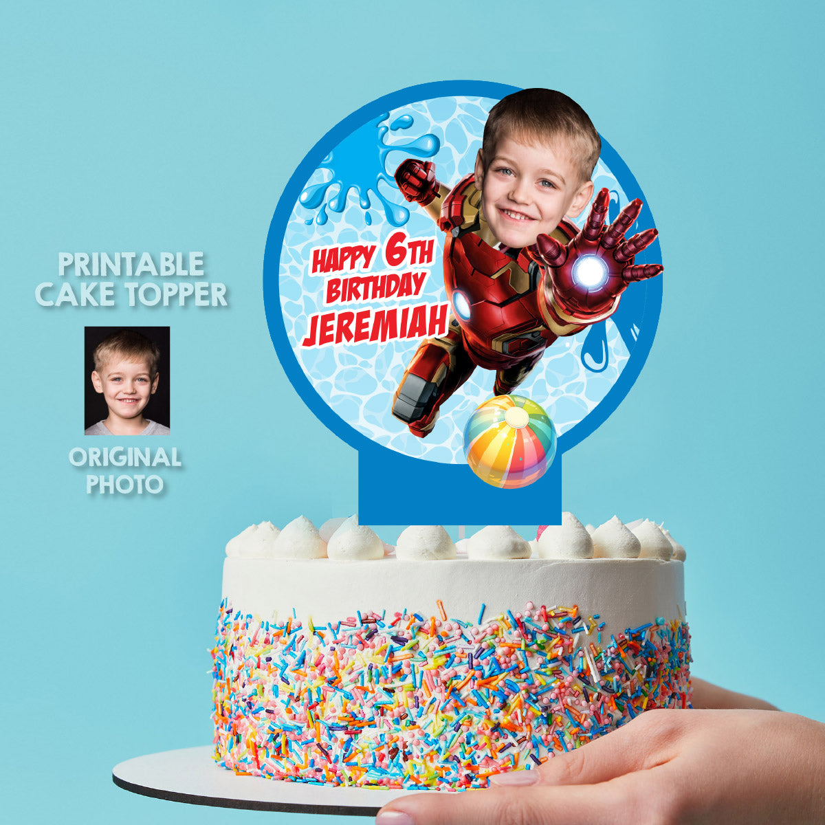 Pool Party Ironman Cake topper with Photo, Iron Man DIY birthday cake. 709CT2