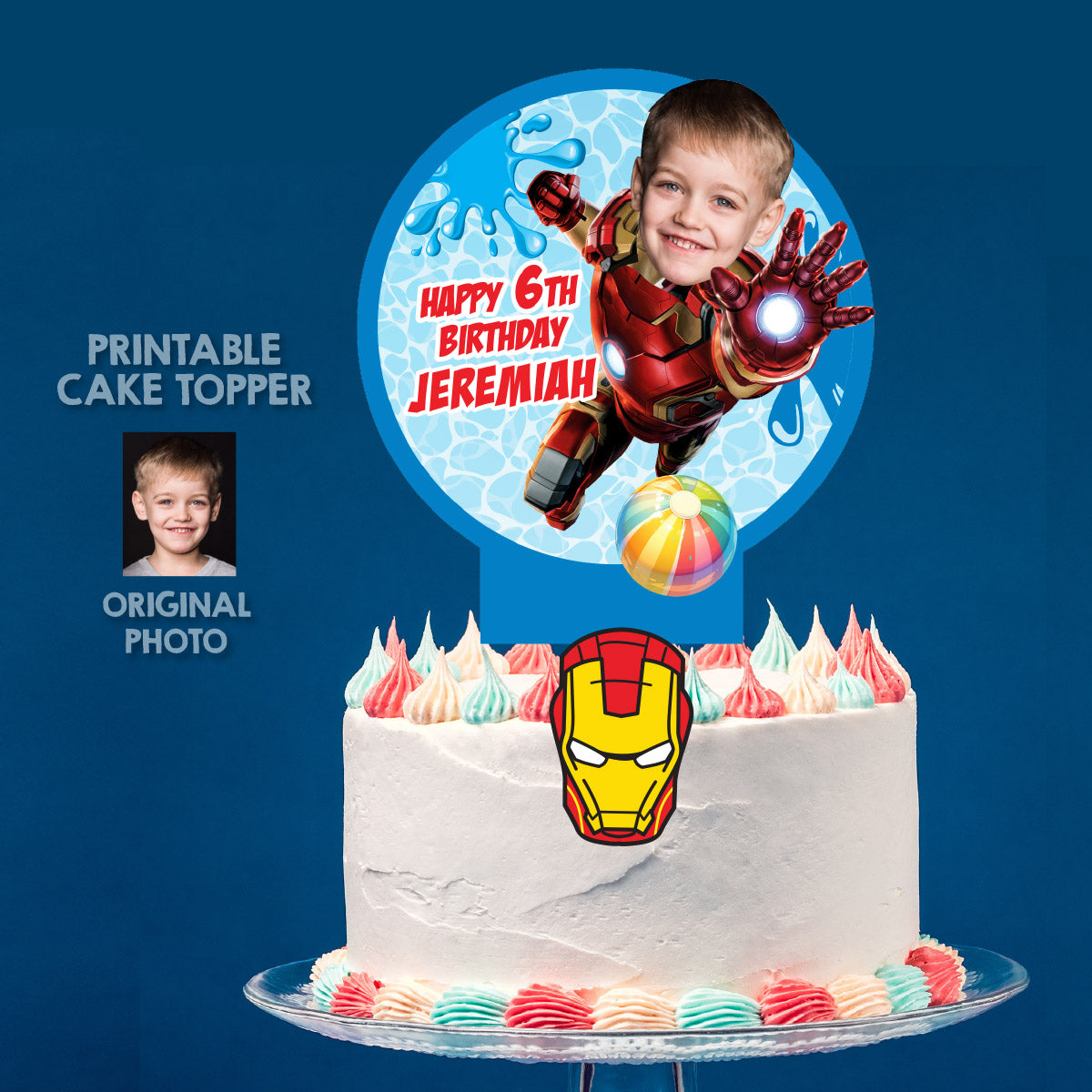 Pool Party Ironman Cake topper with Photo, Iron Man DIY birthday cake. 709CT2