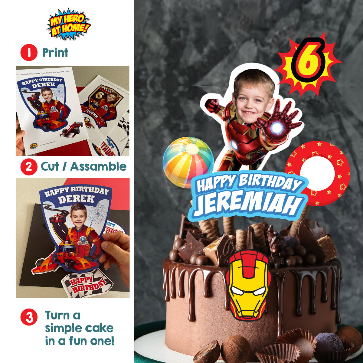 Pool Party Ironman Cake topper with Photo, Iron Man DIY birthday cake. 709CT2