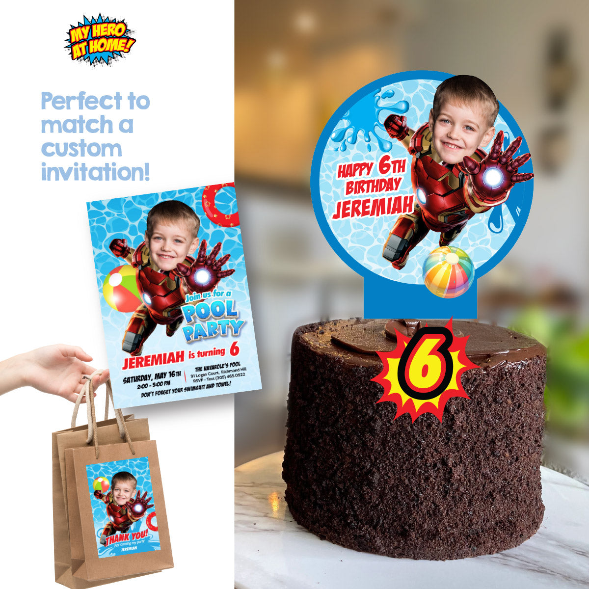Pool Party Ironman Cake topper with Photo, Iron Man DIY birthday cake. 709CT2