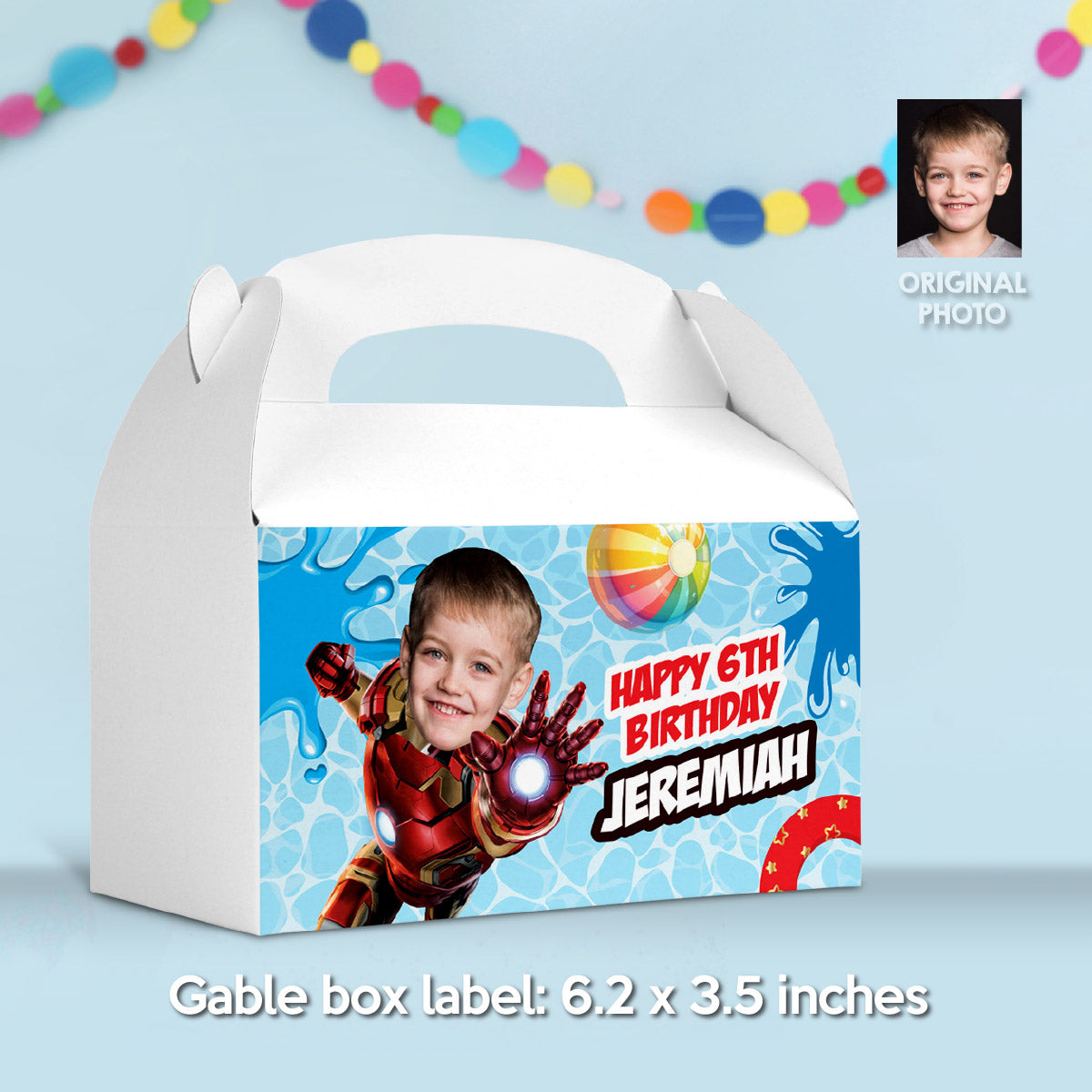 Custom Ironman Pool Party Gable Box with photo, Ironman Candy Gifts Boxes. 709GB