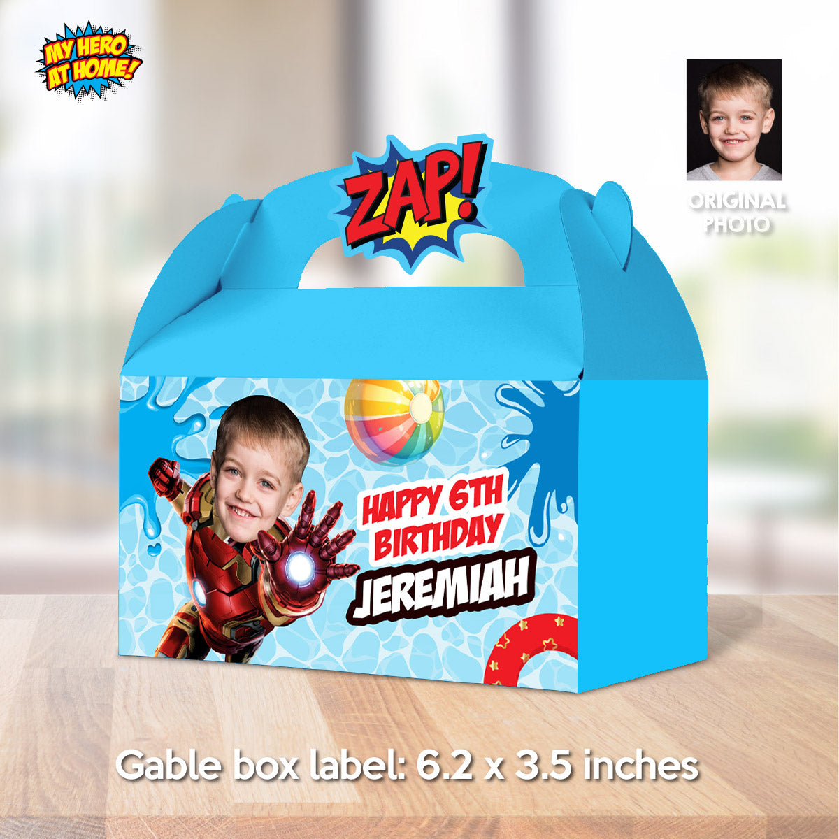 Custom Ironman Pool Party Gable Box with photo, Ironman Candy Gifts Boxes. 709GB