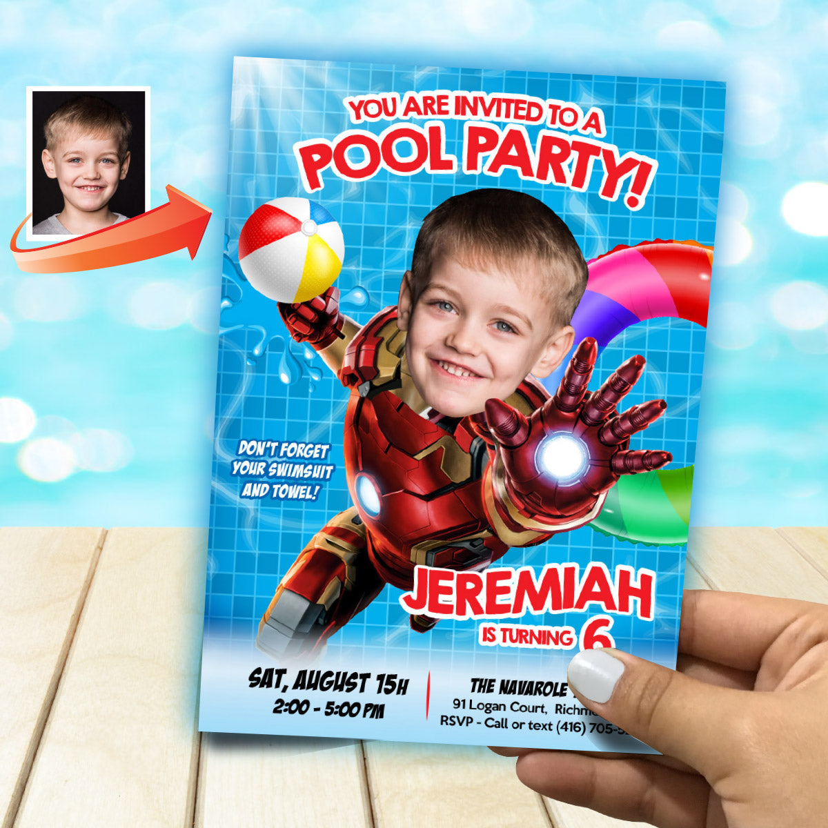 Customized Iron Man Pool Party Invitation with photo (Splash, waterslide). 709IN