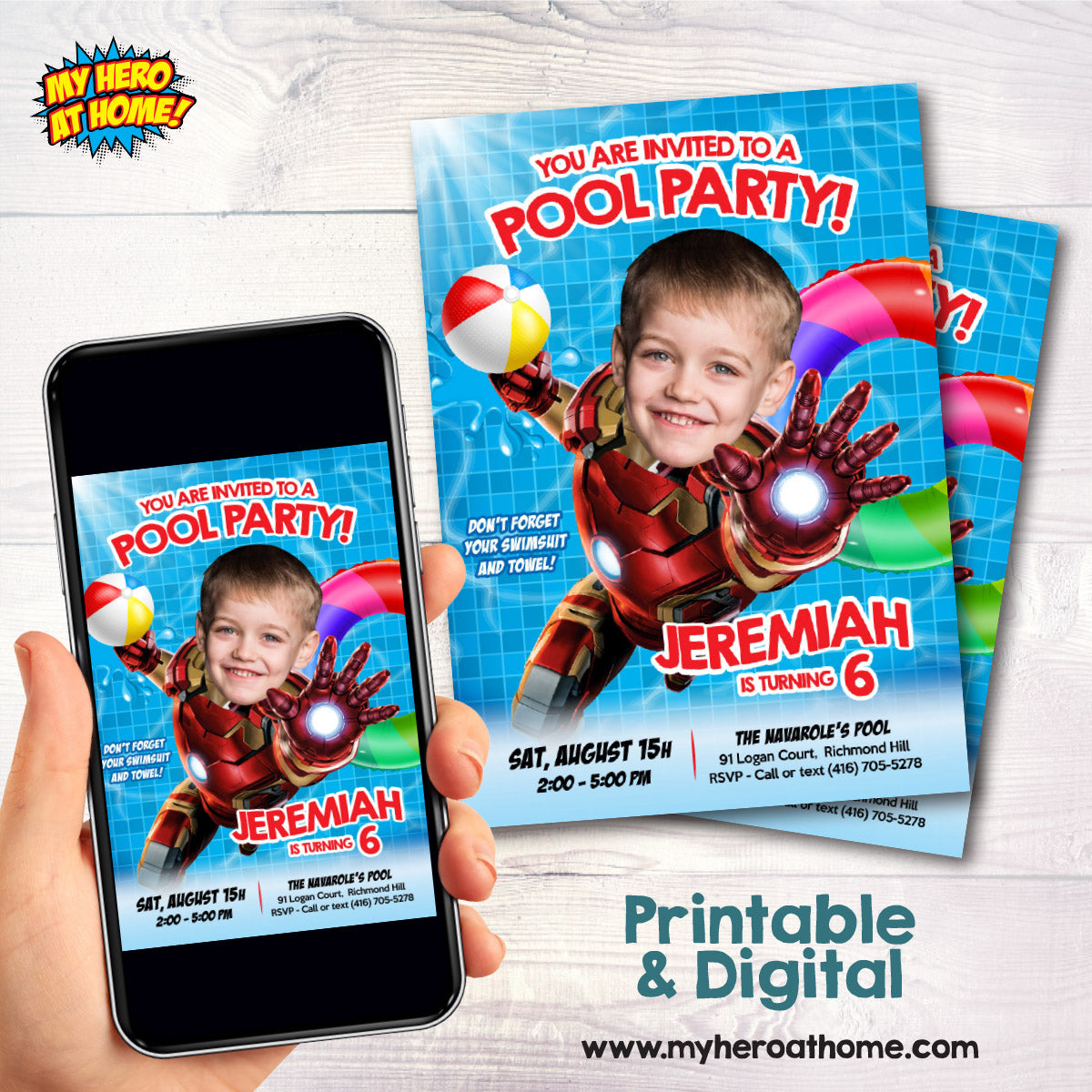 Customized Iron Man Pool Party Invitation with photo (Splash, waterslide). 709IN