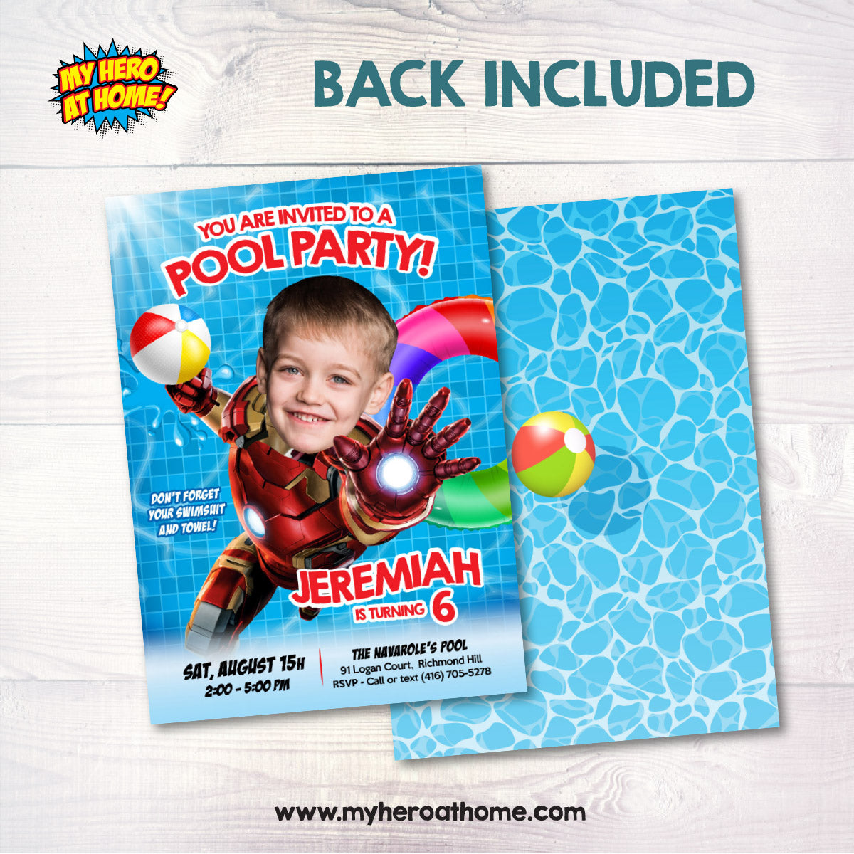 Customized Iron Man Pool Party Invitation with photo (Splash, waterslide). 709IN