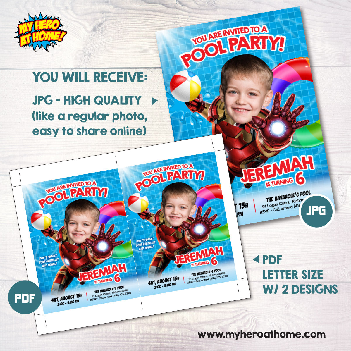 Customized Iron Man Pool Party Invitation with photo (Splash, waterslide). 709IN