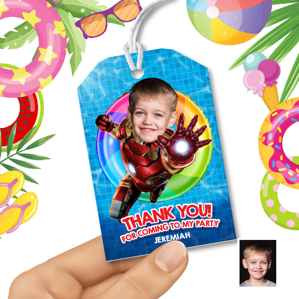 Custom Thank You for Coming to my Pool Party with kid as Ironman (3 sizes). 709TY