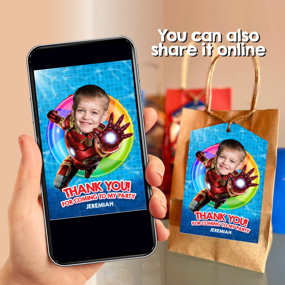 Custom Thank You for Coming to my Pool Party with kid as Ironman (3 sizes). 709TY