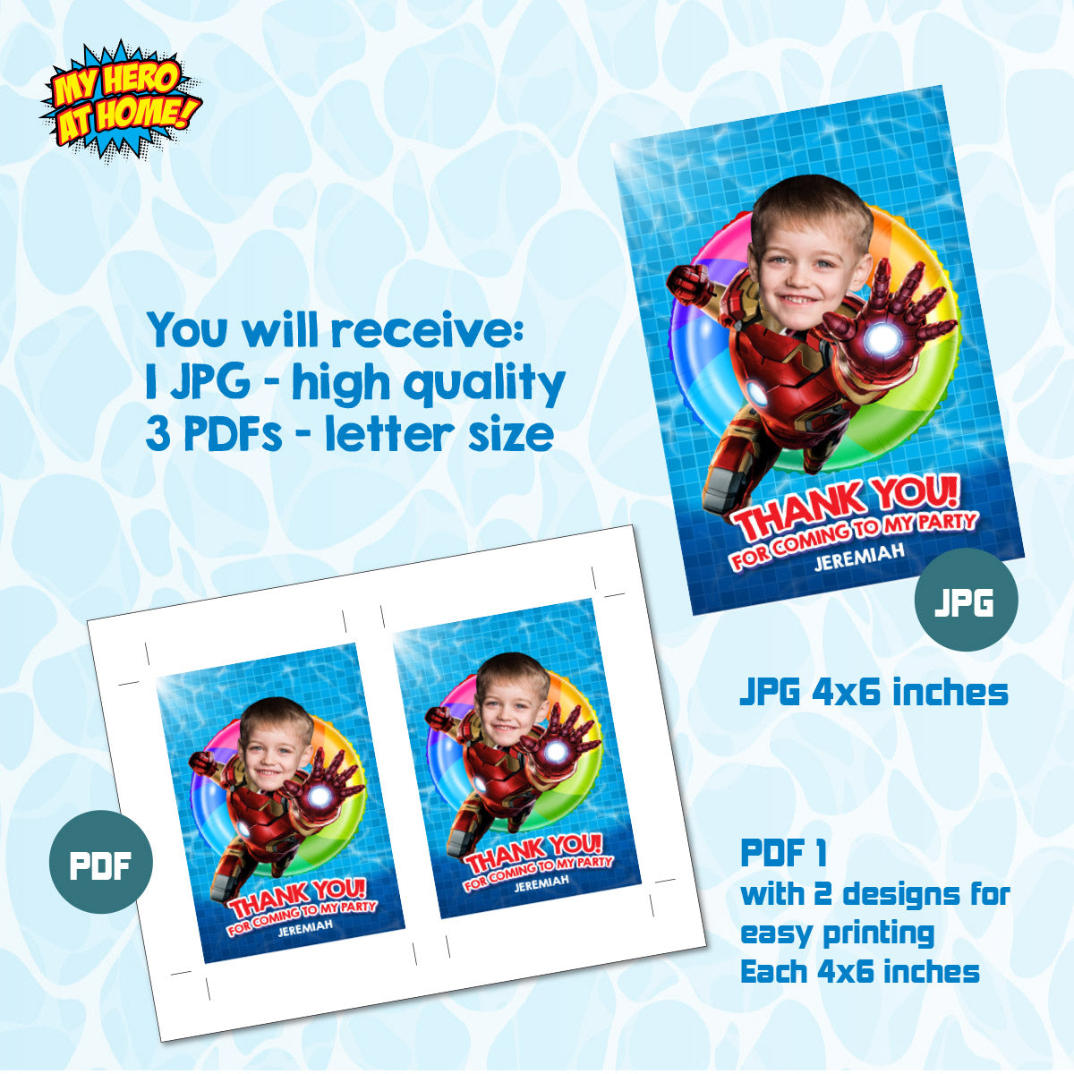 Custom Thank You for Coming to my Pool Party with kid as Ironman (3 sizes). 709TY