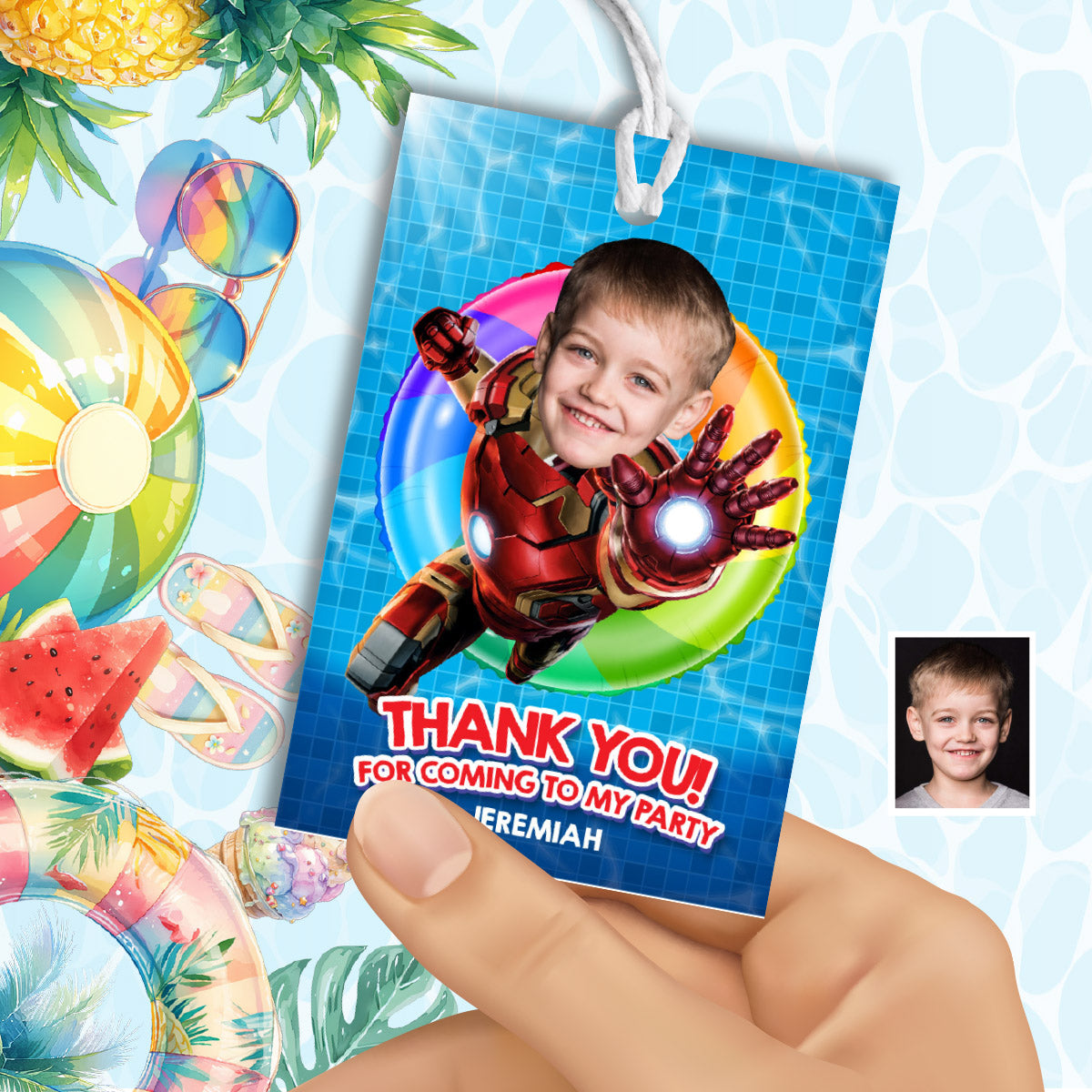 Custom Thank You for Coming to my Pool Party with kid as Ironman (3 sizes). 709TY