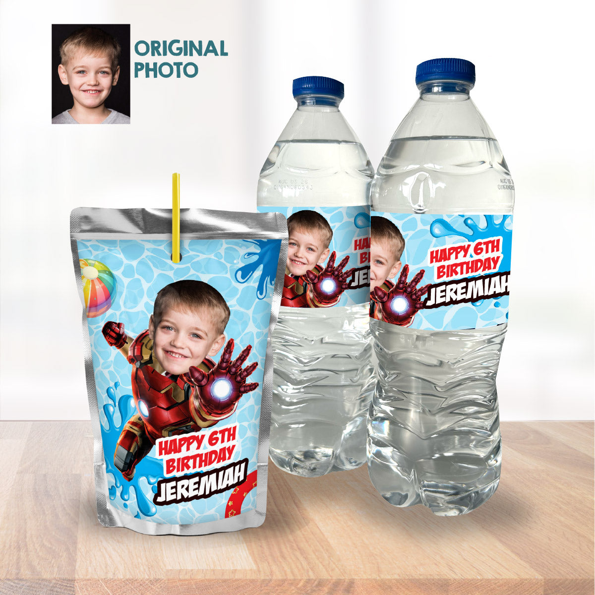 Custom Ironman Pool Party Water Bottle Juices wrappers with photo. 709WJ