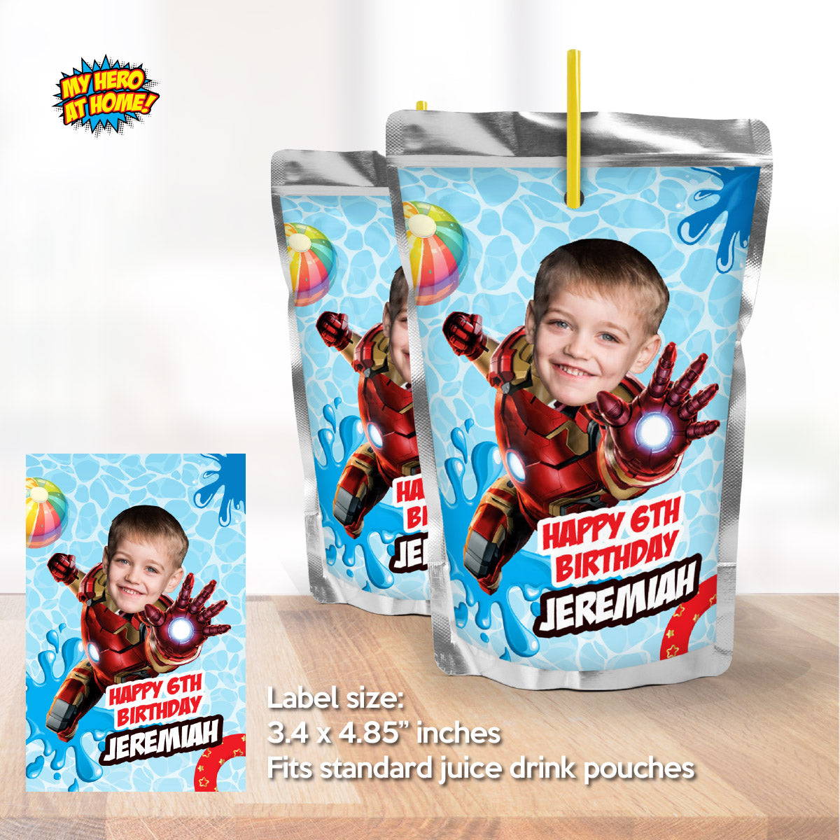 Custom Ironman Pool Party Water Bottle Juices wrappers with photo. 709WJ