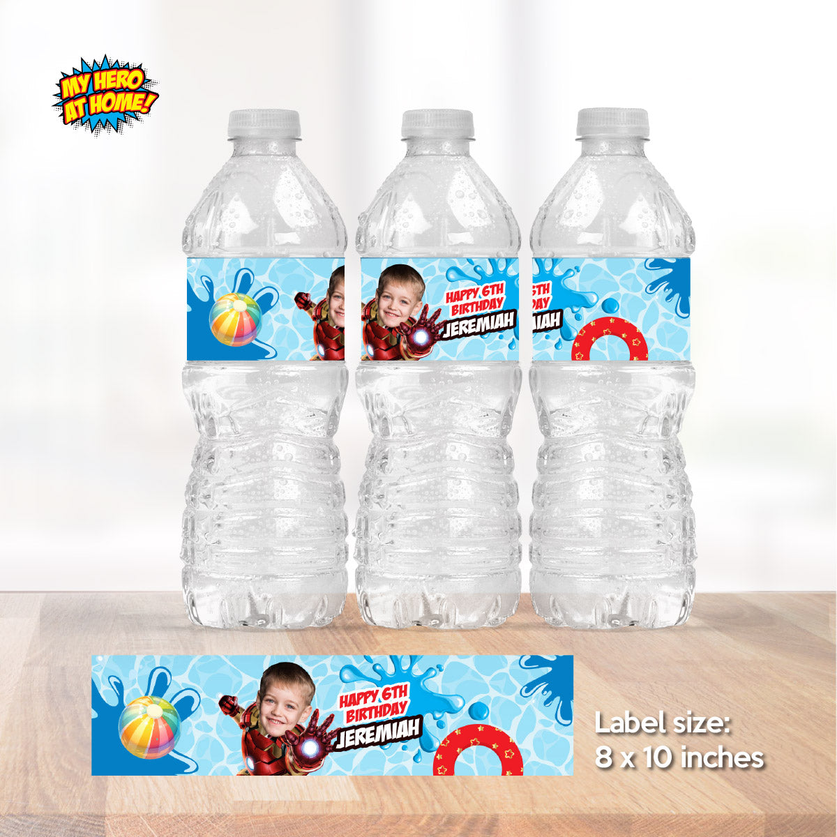 Custom Ironman Pool Party Water Bottle Juices wrappers with photo. 709WJ