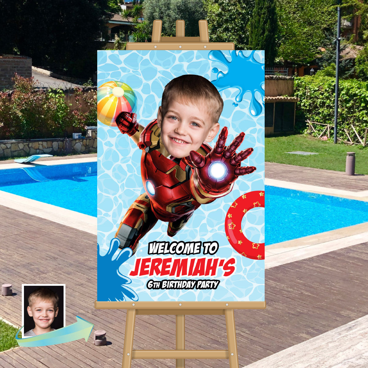 Ironman Pool Party Welcome Sign With Photo, Iron man Splash party Entrance. 709WS
