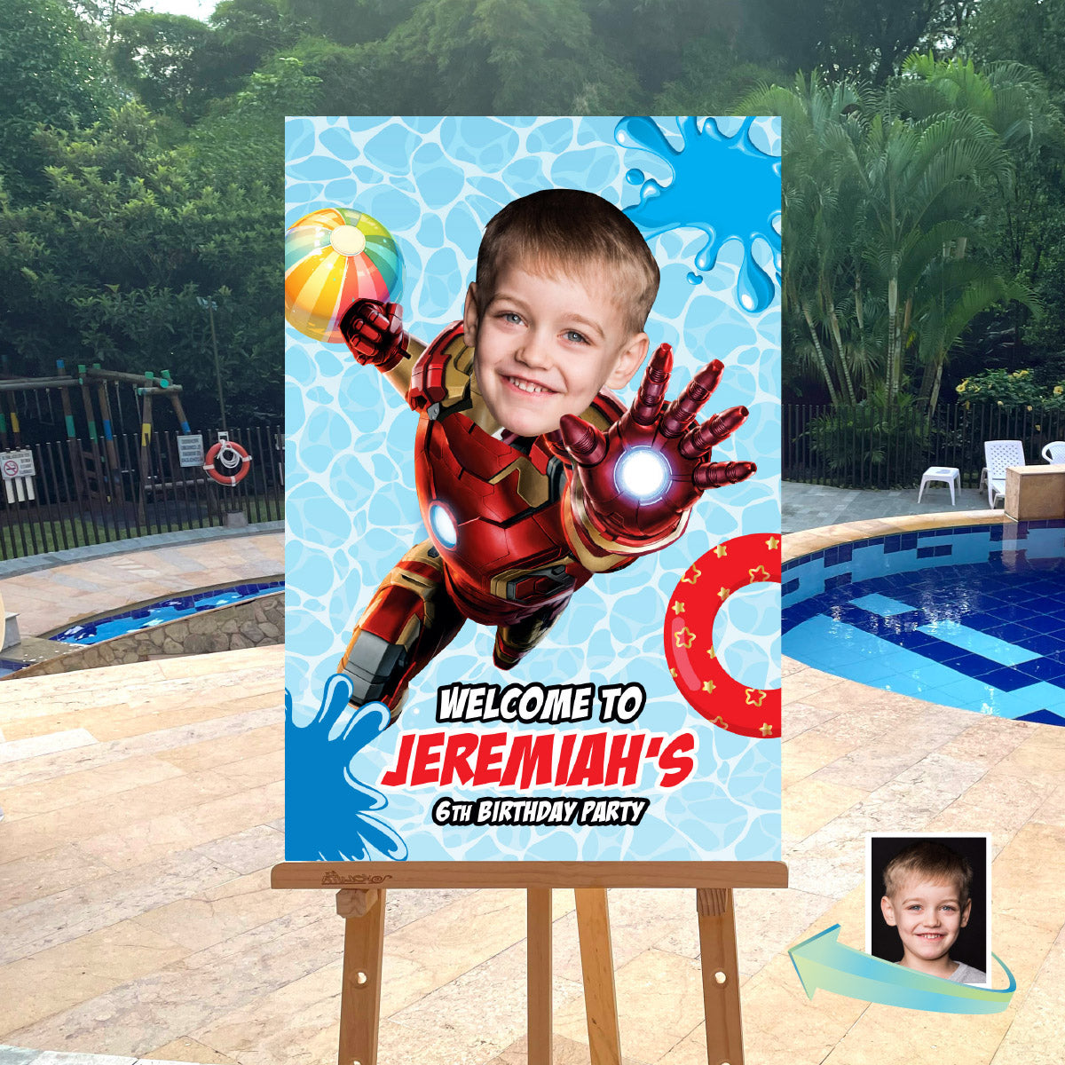Ironman Pool Party Welcome Sign With Photo, Iron man Splash party Entrance. 709WS