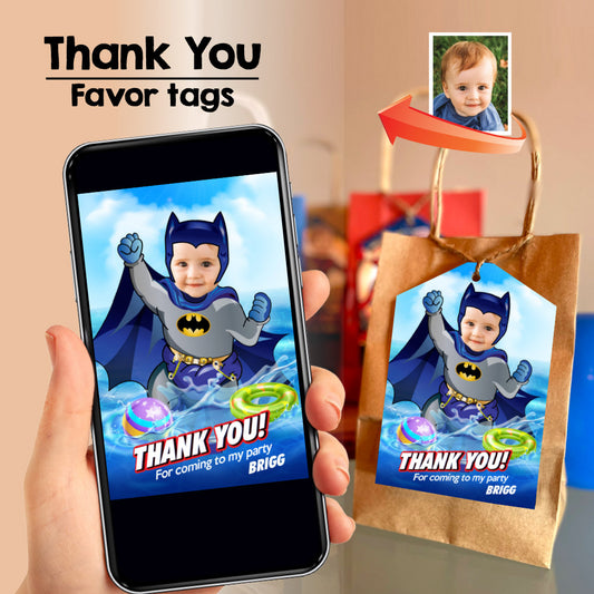 Baby Batman Pool party Thank you card with your photo, Batman 1st pool party favors tags. 728TY
