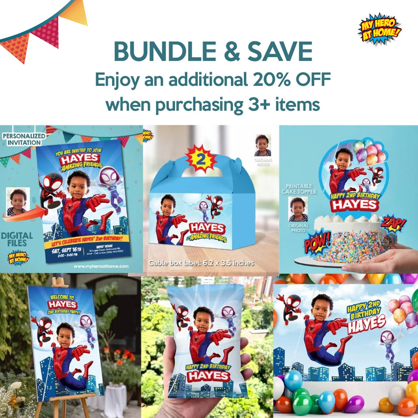 Spidey Birthday Matching Cake and Cupcake Toppers Bundle with Kid as Spiderman. 740B5
