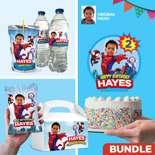 Spidey Birthday Party Set with photo, Personalized Cake Topper, Labels, favors, drinks. 740B1