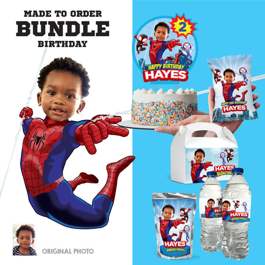 Spidey Birthday Party Set with photo, Personalized Cake Topper, Labels, favors, drinks. 740B1