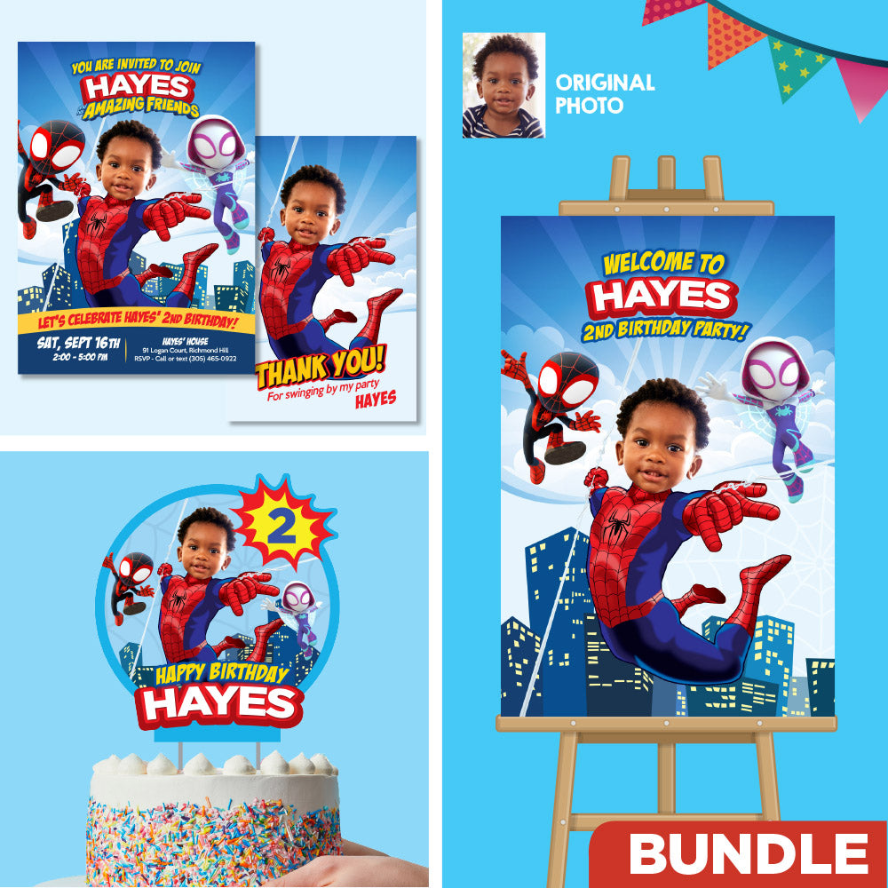 Personalized Spidey Birthday Party Bundle with your kid as the star, Invitation, thank you, Welcome, cake 740B2