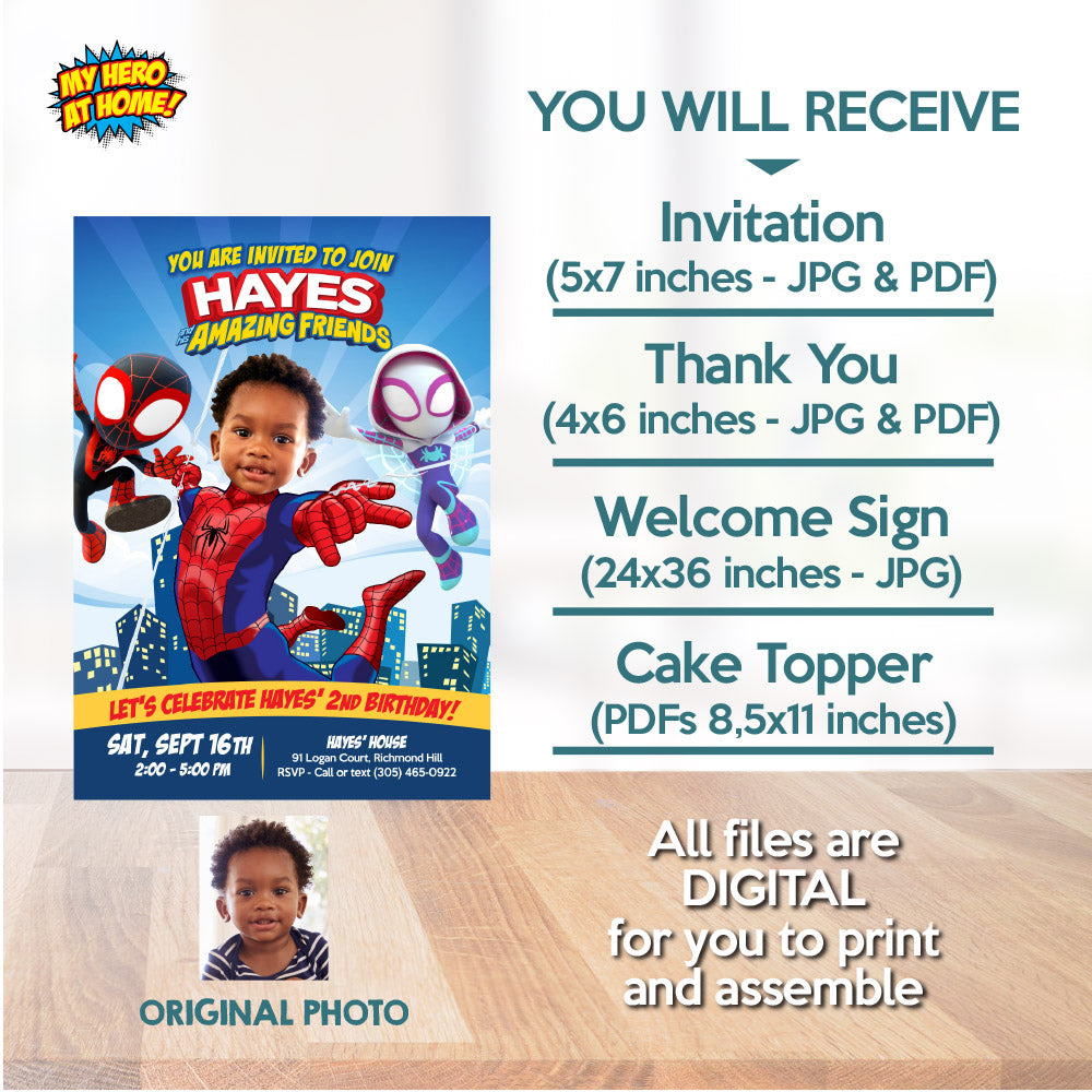 Personalized Spidey Birthday Party Bundle with your kid as the star, Invitation, thank you, Welcome, cake 740B2