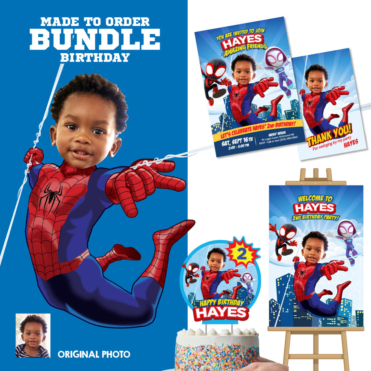 Personalized Spidey Birthday Party Bundle with your kid as the star, Invitation, thank you, Welcome, cake 740B2