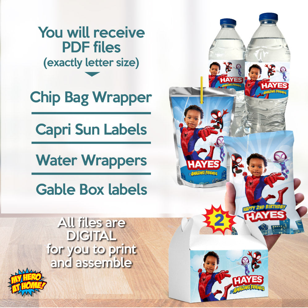 Set of matching Spidey Party Snack Labels personalized with photo (labels, favors). 740B3