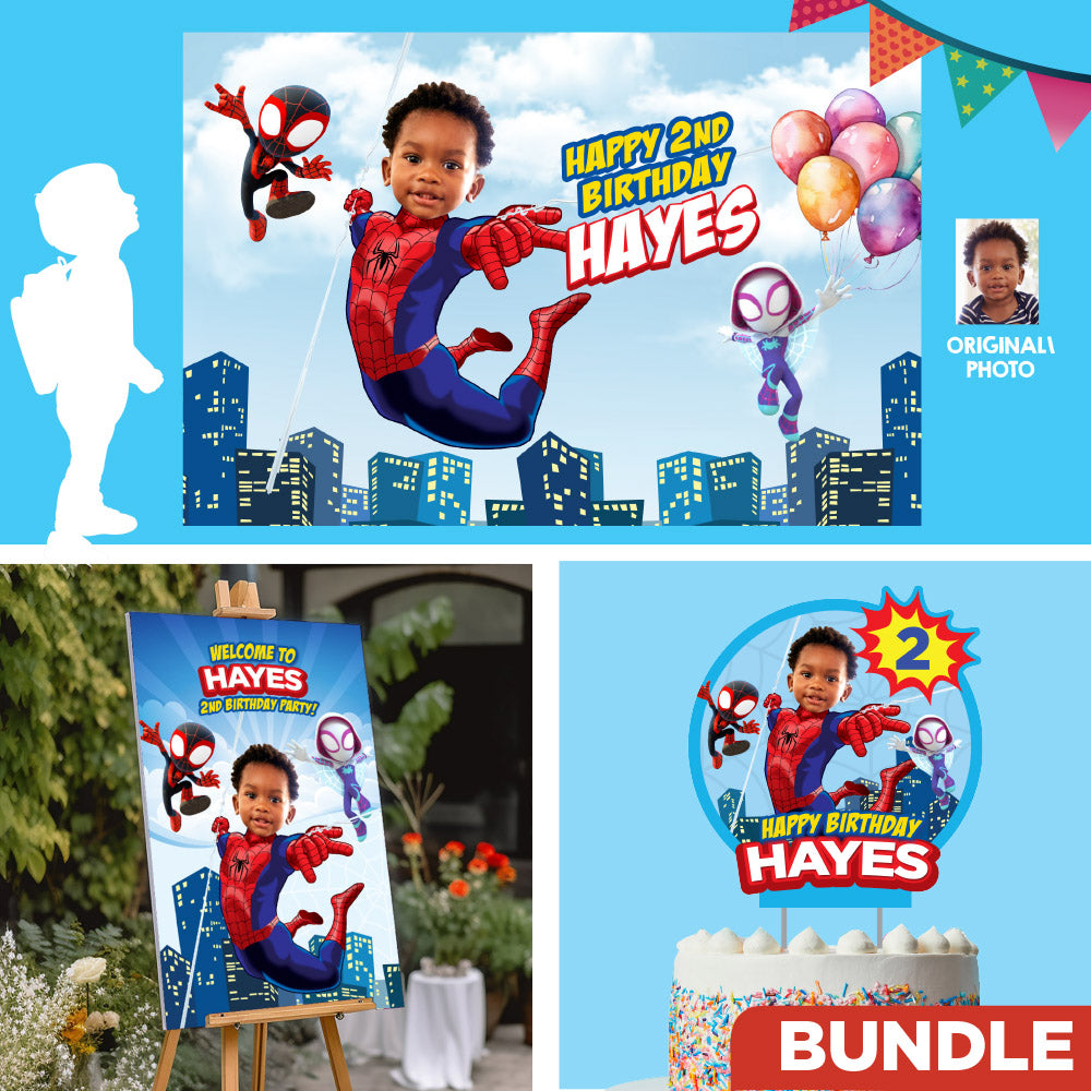 Personalized Spidey Birthday Party Decor Bundle with photo (cake, welcome and banner backdrop). 740B4