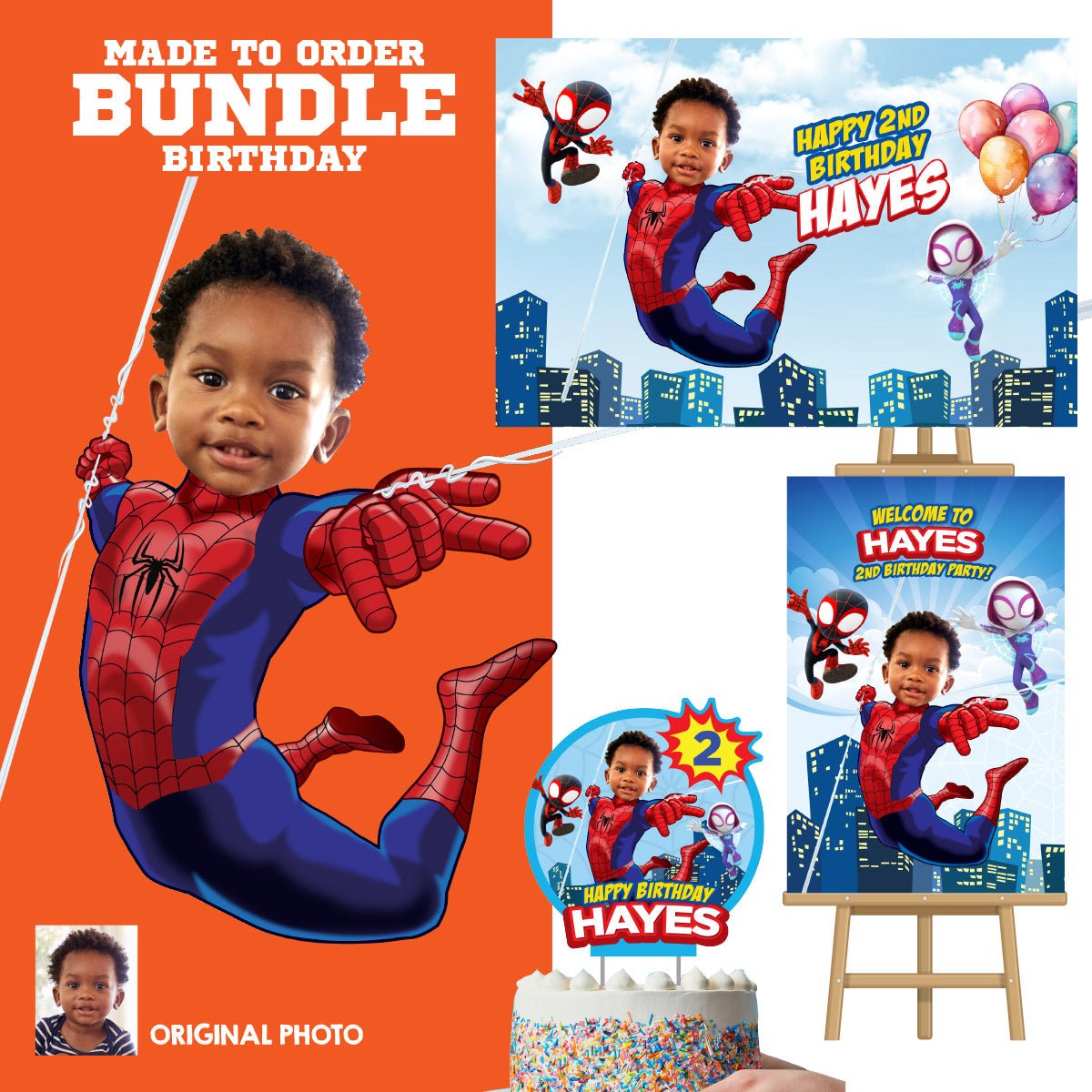 Personalized Spidey Birthday Party Decor Bundle with photo (cake, welcome and banner backdrop). 740B4