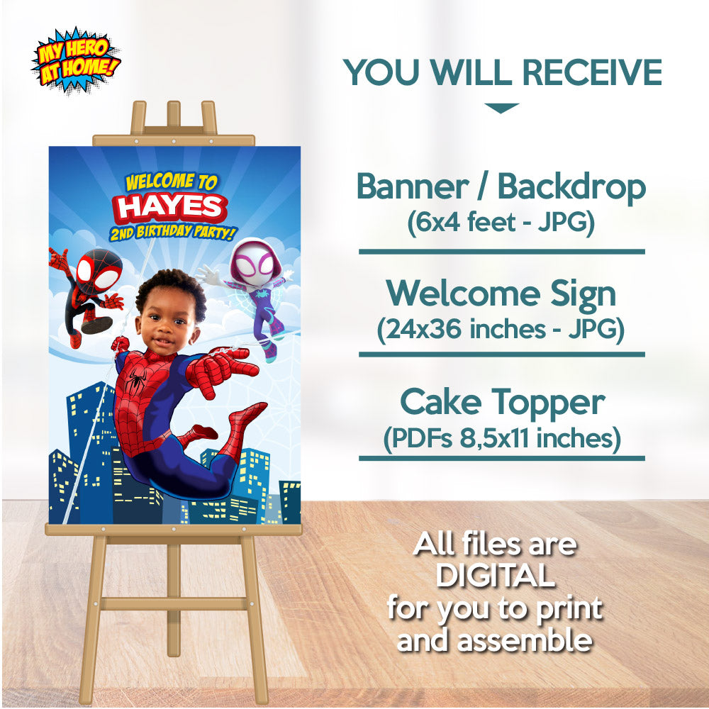 Personalized Spidey Birthday Party Decor Bundle with photo (cake, welcome and banner backdrop). 740B4