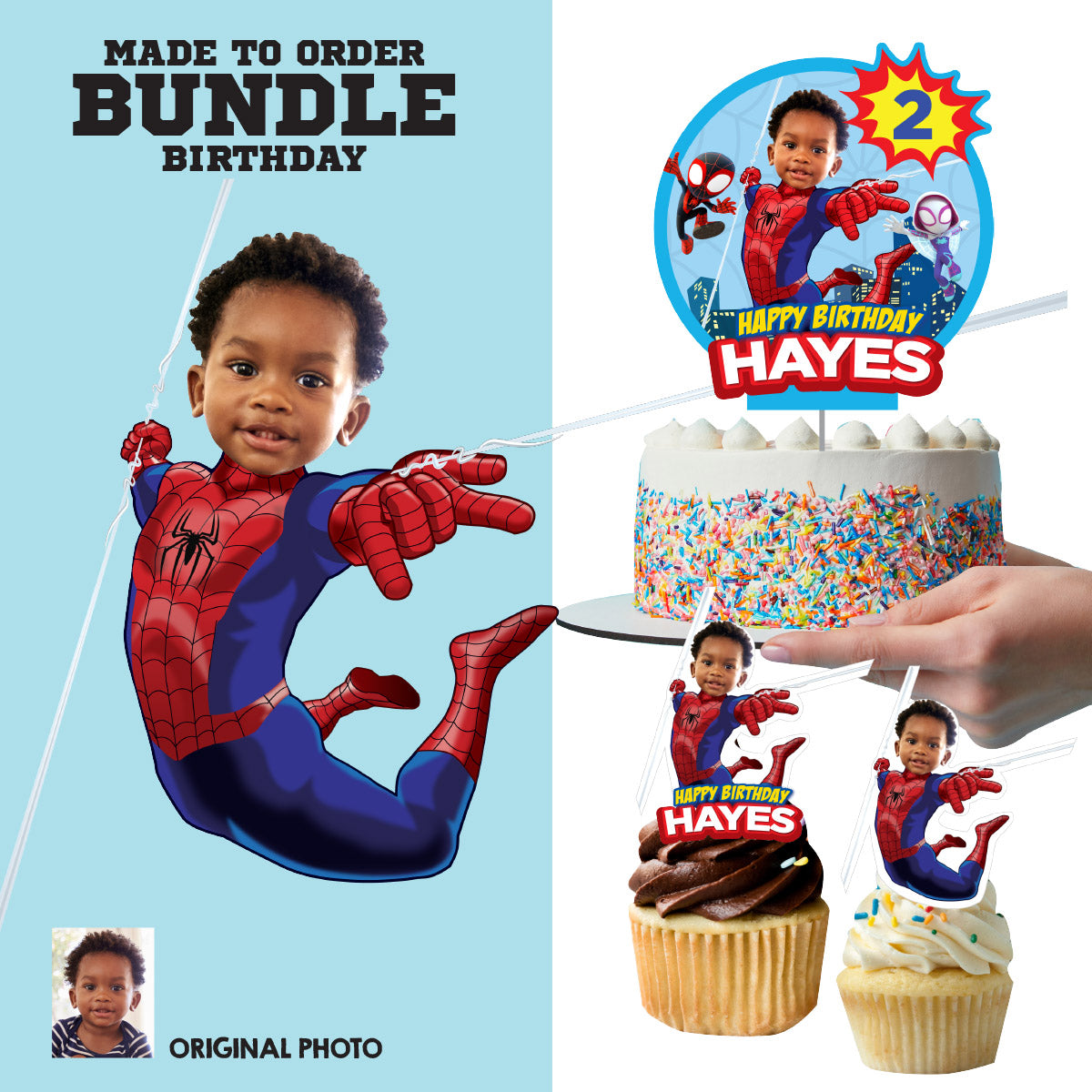 Spidey Birthday Matching Cake and Cupcake Toppers Bundle with Kid as Spiderman. 740B5
