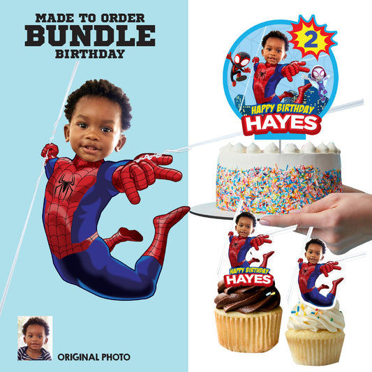 Spidey Birthday Matching Cake and Cupcake Toppers Bundle with Kid as Spiderman. 740B5