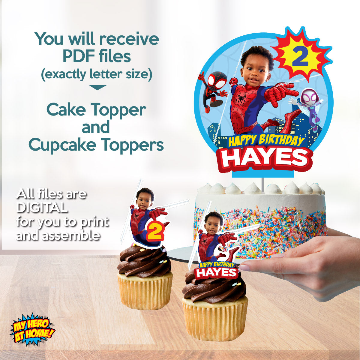 Spidey Birthday Matching Cake and Cupcake Toppers Bundle with Kid as Spiderman. 740B5